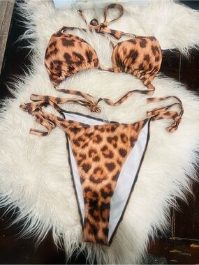 Leopard Print Three-Piece Bikini Set - Brown